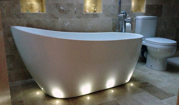 This angle really catches the tranquilising effect of the lights around the free standing tub!